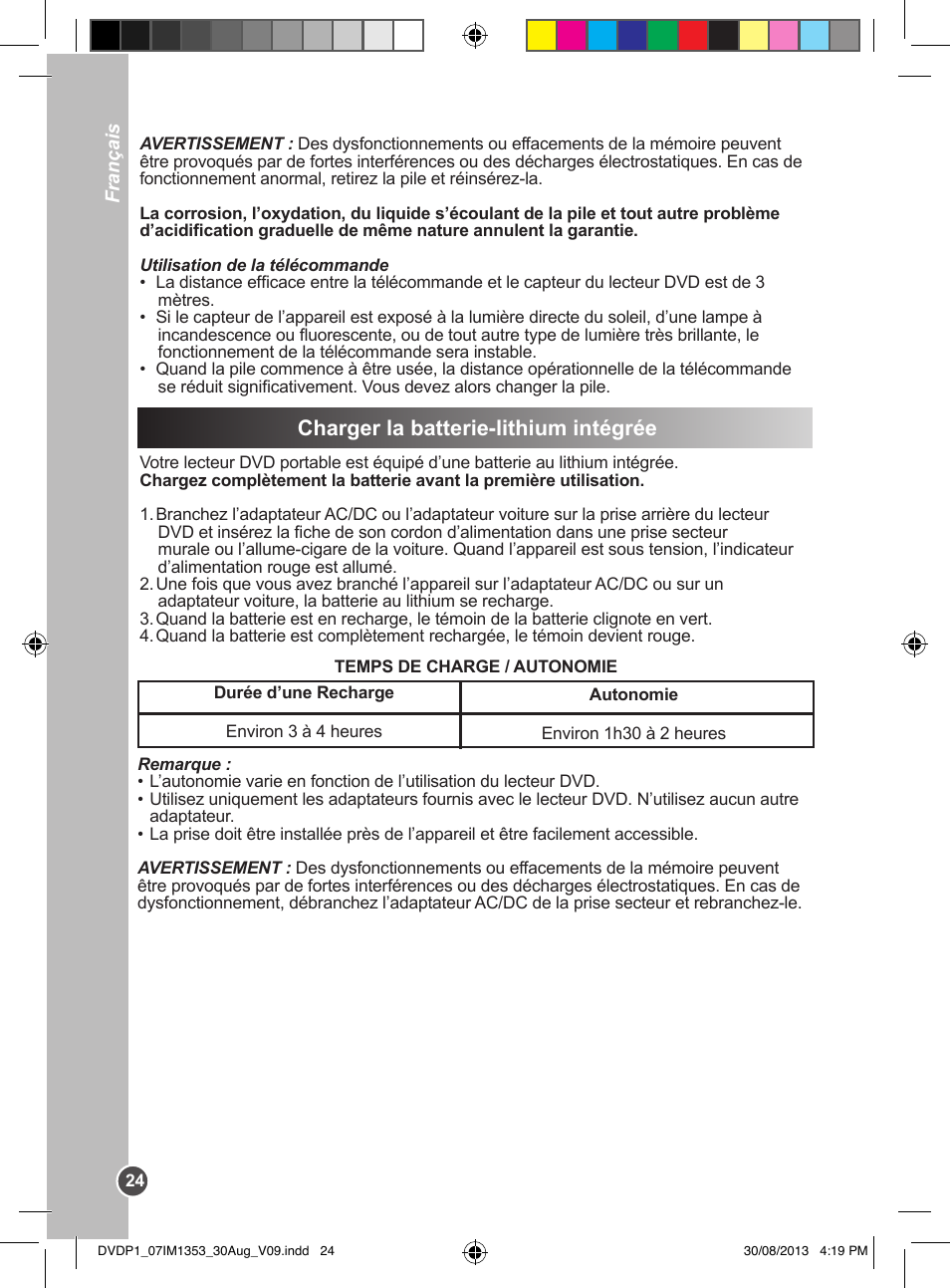 Charger la batterie-lithium intégrée | Lexibook DVDP1 VA07 User Manual | Page 24 / 52