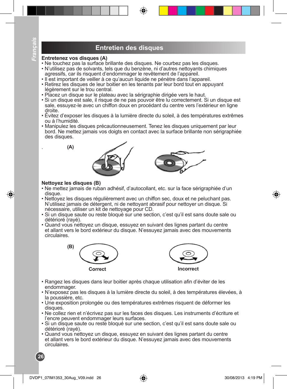 Entretien des disques | Lexibook DVDP1 VA07 User Manual | Page 26 / 52
