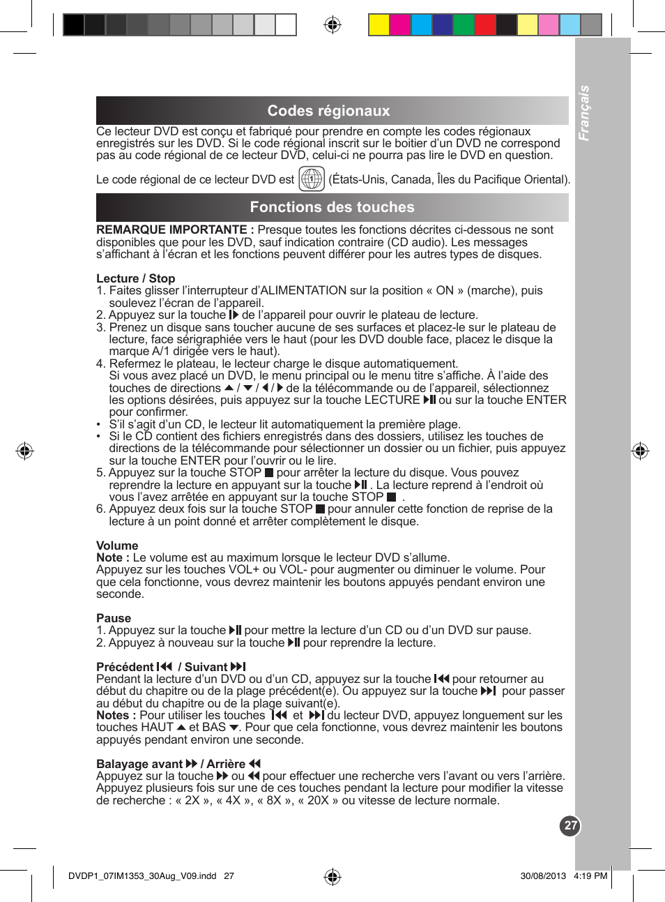 Codes régionaux fonctions des touches, Fonctions des touches | Lexibook DVDP1 VA07 User Manual | Page 27 / 52