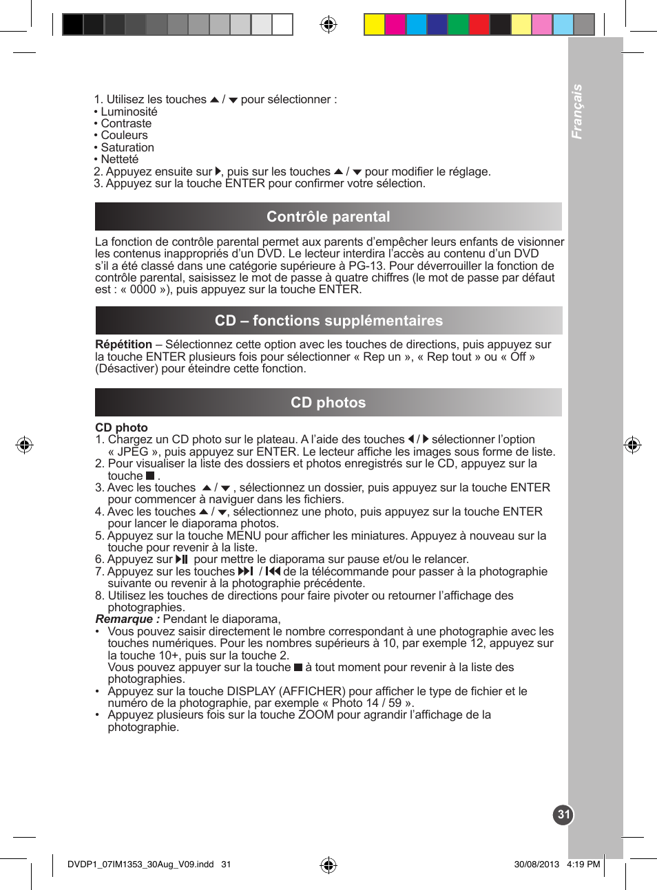 Cd – fonctions supplémentaires, Contrôle parental, Cd photos | Lexibook DVDP1 VA07 User Manual | Page 31 / 52