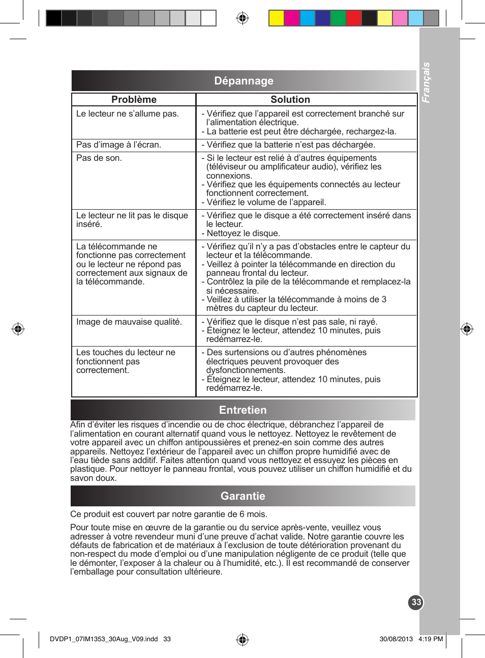 Dépannage, Entretien garantie | Lexibook DVDP1 VA07 User Manual | Page 33 / 52
