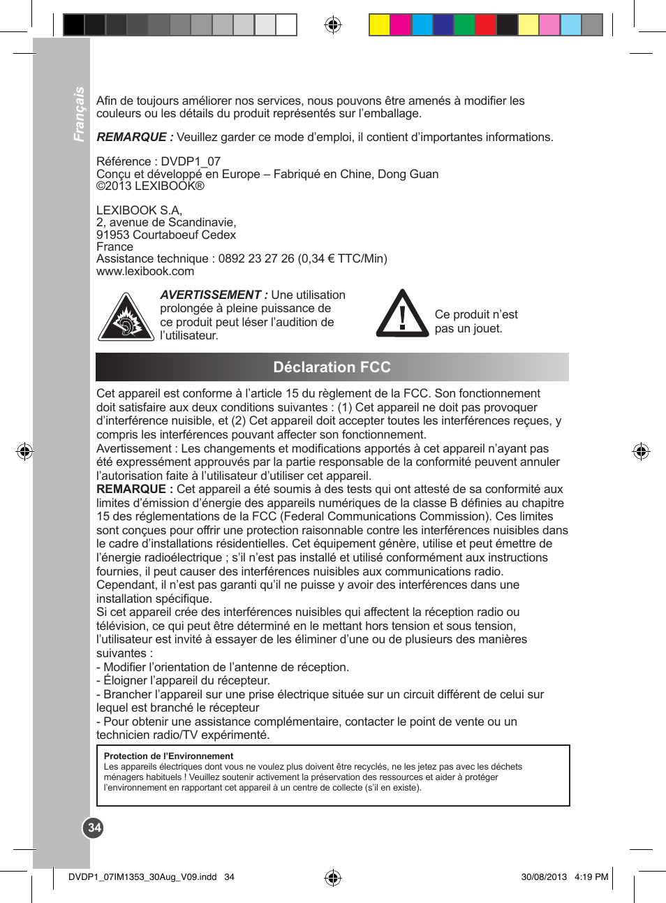Déclaration fcc | Lexibook DVDP1 VA07 User Manual | Page 34 / 52