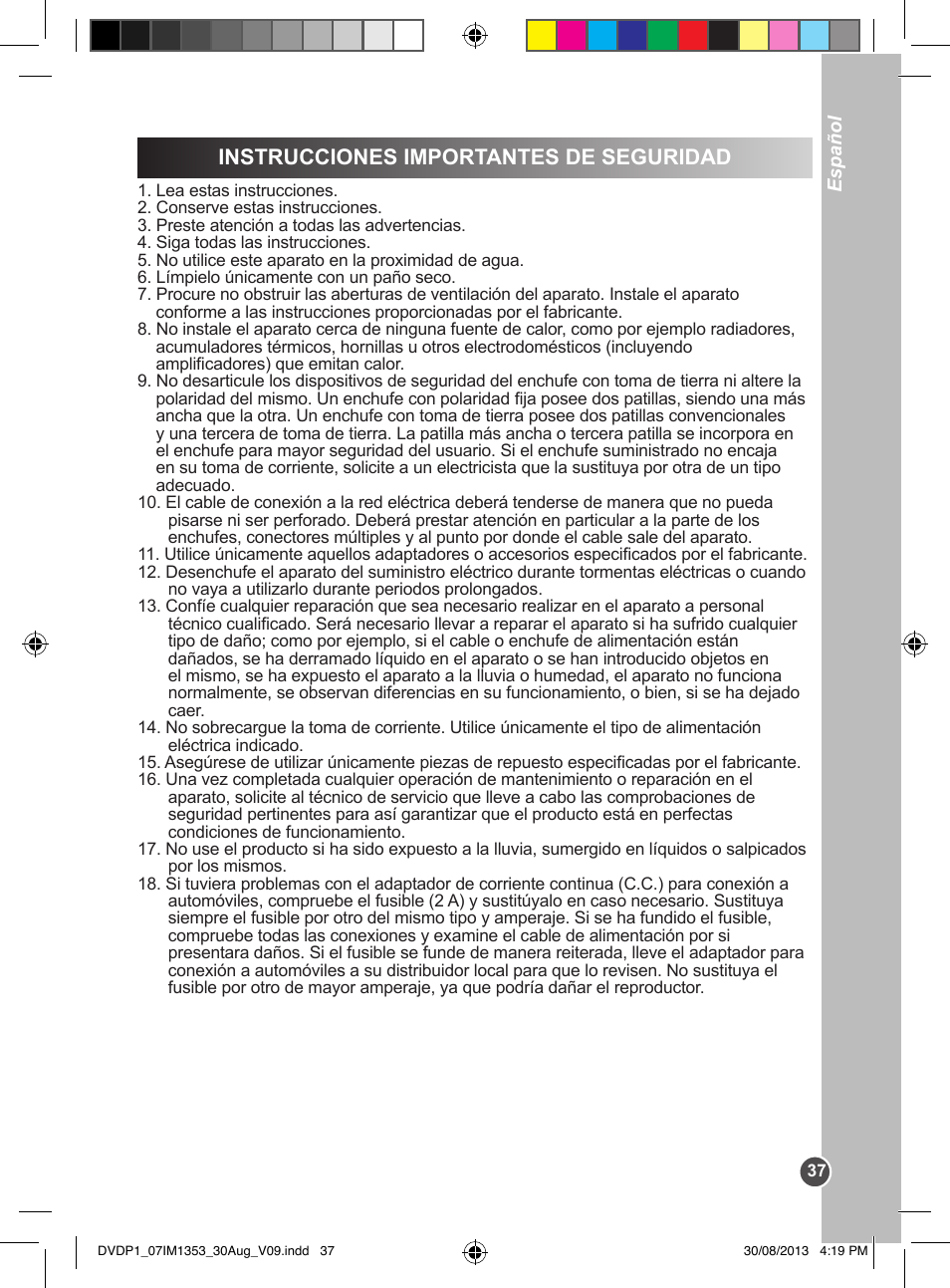 Instrucciones importantes de seguridad | Lexibook DVDP1 VA07 User Manual | Page 37 / 52