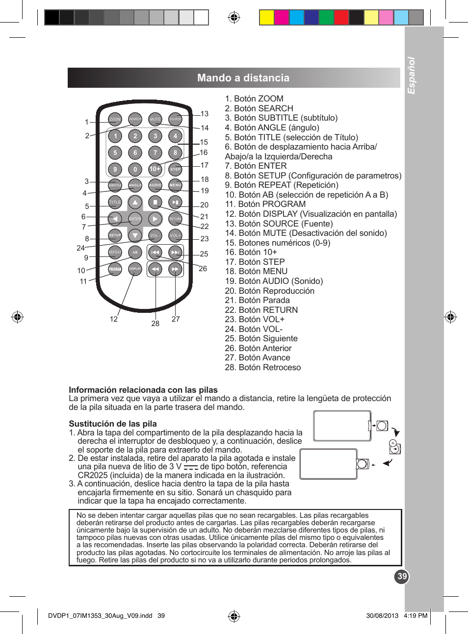 Mando a distancia, Español | Lexibook DVDP1 VA07 User Manual | Page 39 / 52