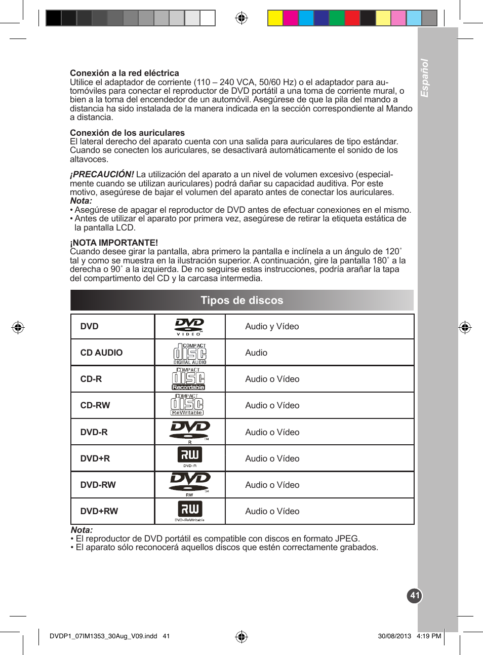Tipos de discos | Lexibook DVDP1 VA07 User Manual | Page 41 / 52