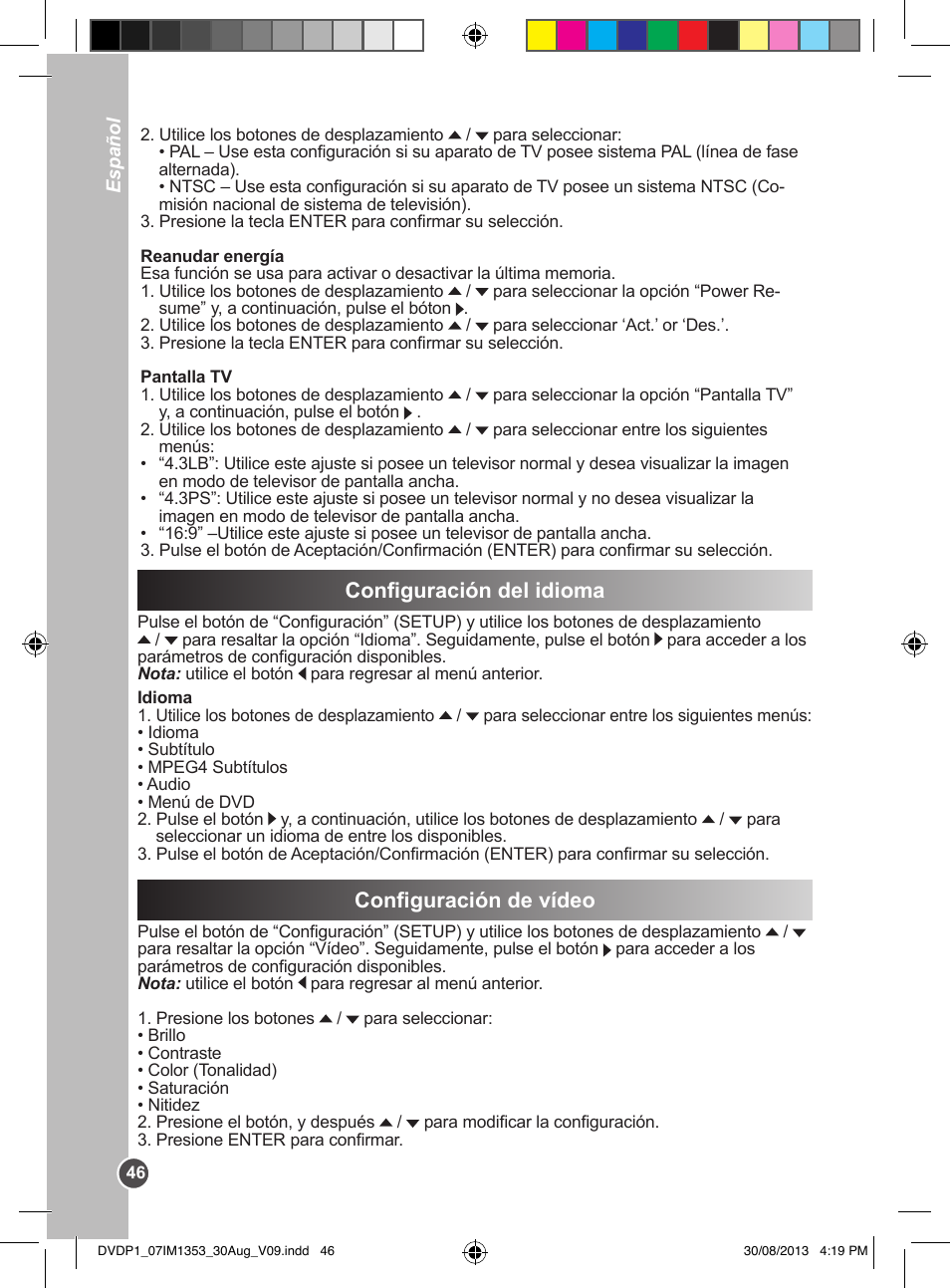 Configuración de vídeo, Configuración del idioma | Lexibook DVDP1 VA07 User Manual | Page 46 / 52