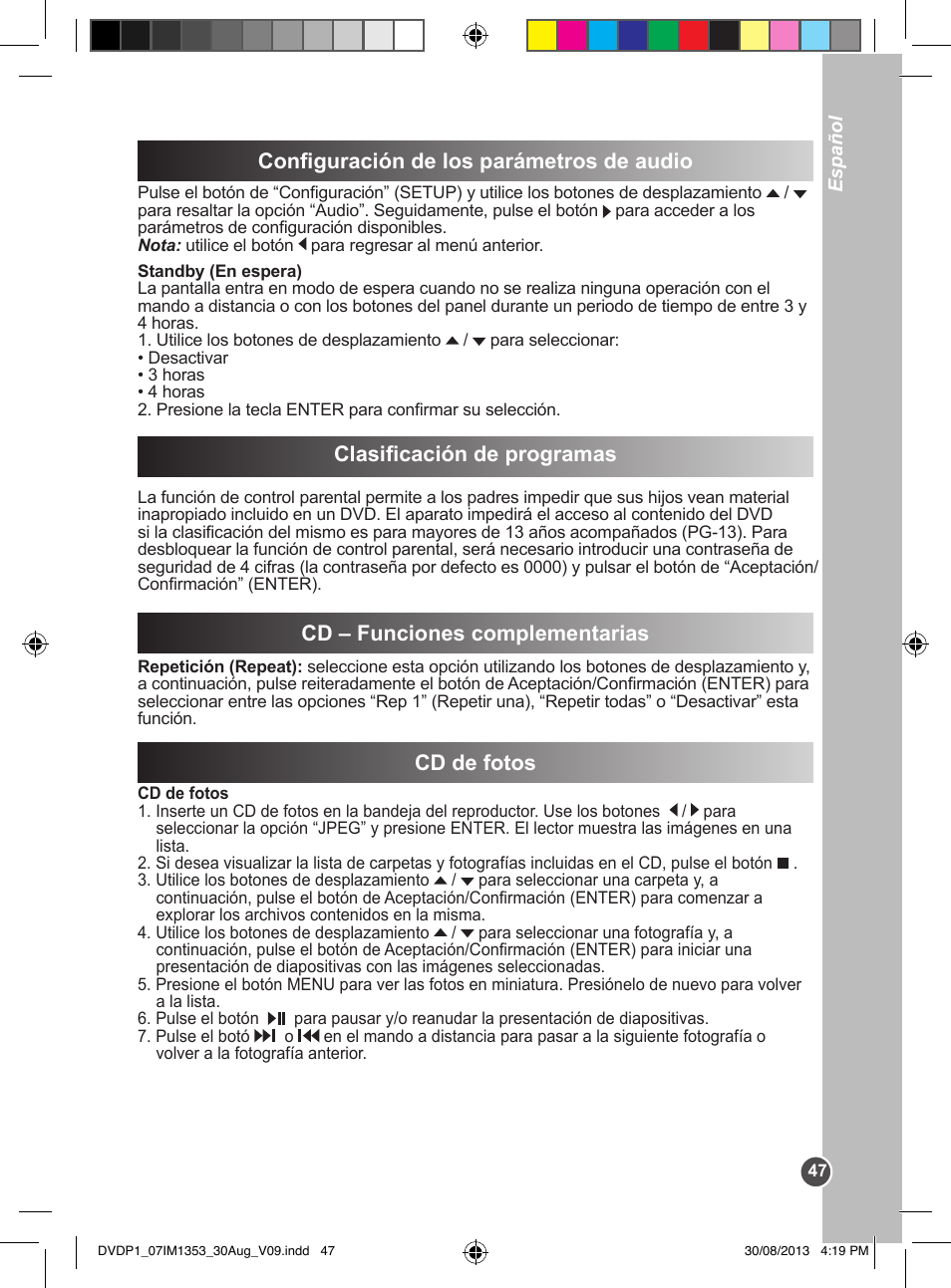 Configuración de los parámetros de audio, Cd – funciones complementarias, Clasificación de programas | Cd de fotos | Lexibook DVDP1 VA07 User Manual | Page 47 / 52