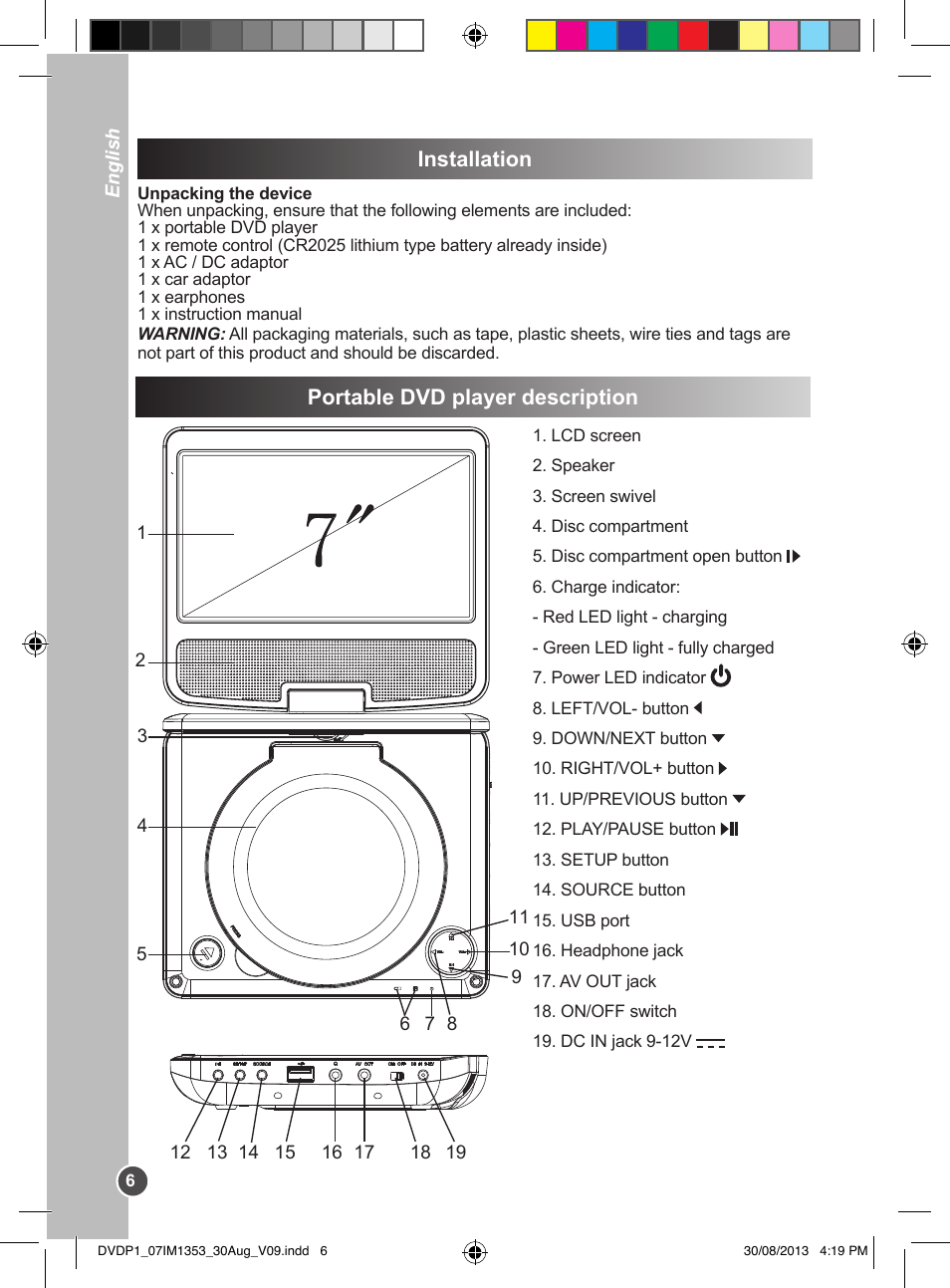 Portable dvd player description, Installation | Lexibook DVDP1 VA07 User Manual | Page 6 / 52