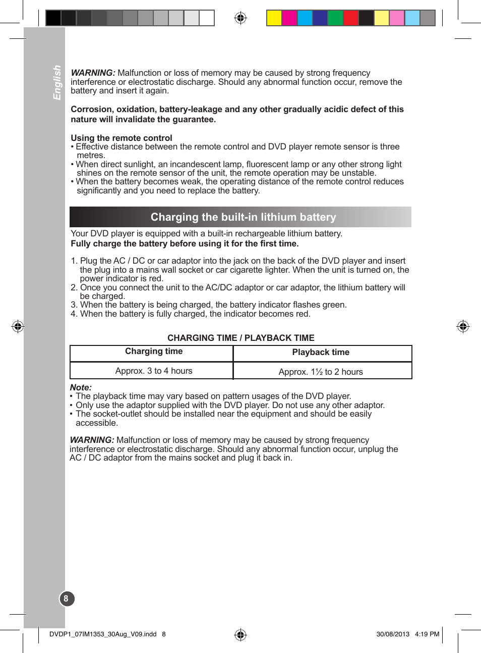 Charging the built-in lithium battery | Lexibook DVDP1 VA07 User Manual | Page 8 / 52