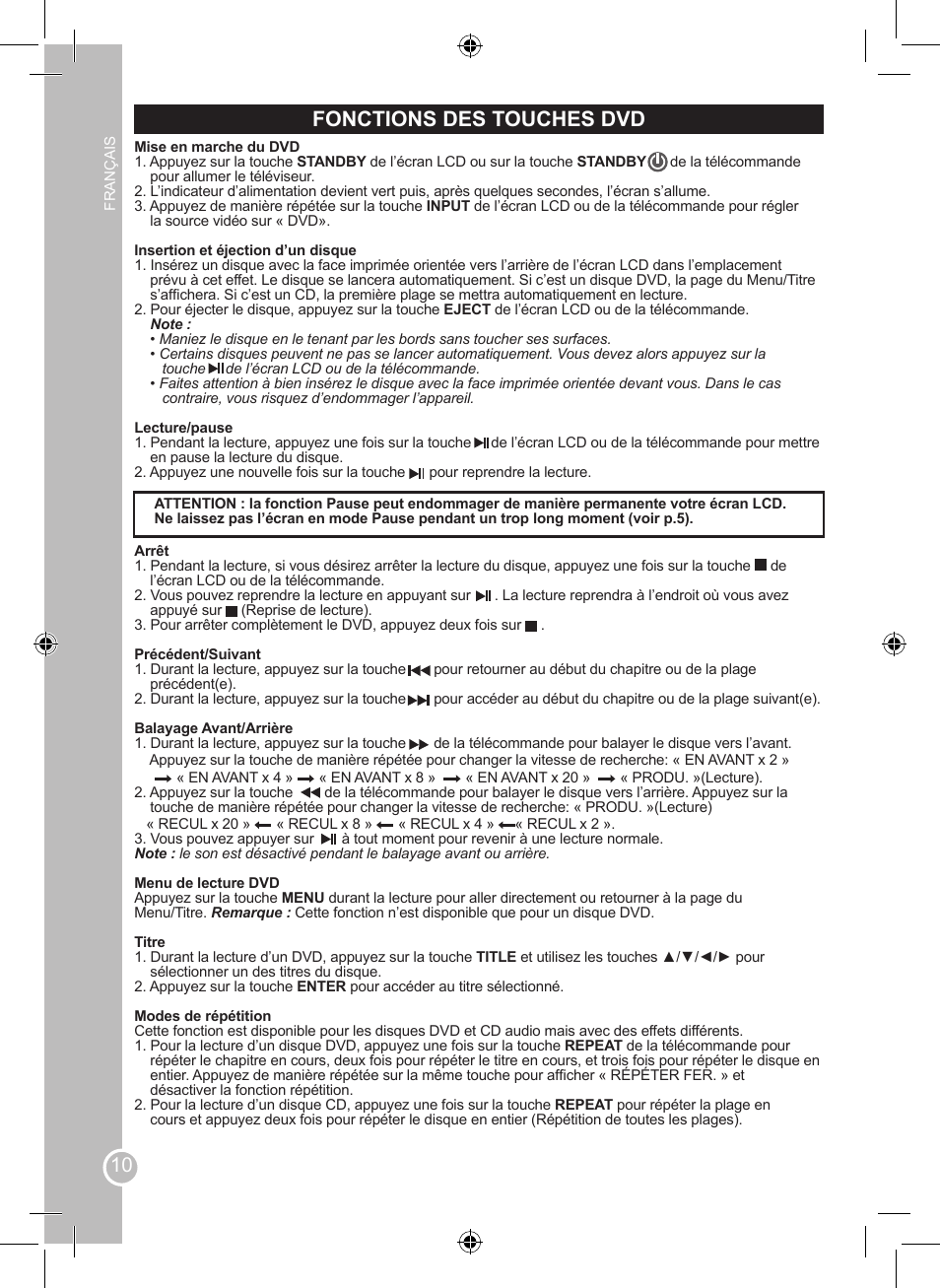 Fonctions des touches dvd | Lexibook LCDDVD2SP User Manual | Page 10 / 88
