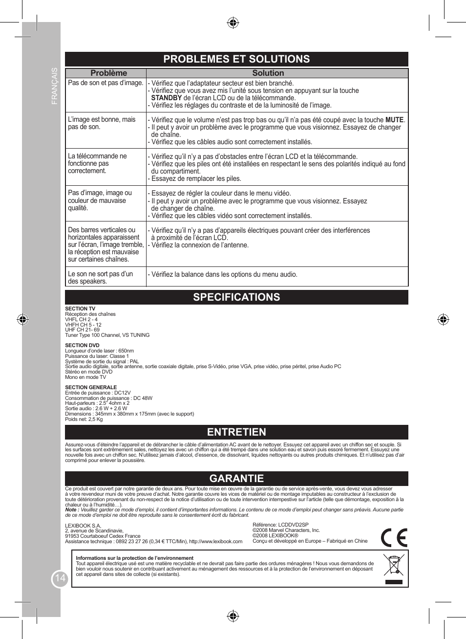 Problemes et solutions, Specifications, Entretien | Garantie, Problème, Solution | Lexibook LCDDVD2SP User Manual | Page 14 / 88