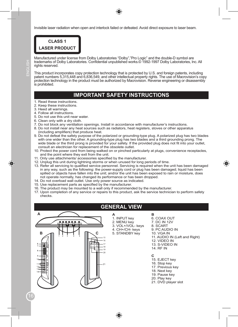 Important safety instructions, General view, Class 1 laser product | Lexibook LCDDVD2SP User Manual | Page 16 / 88