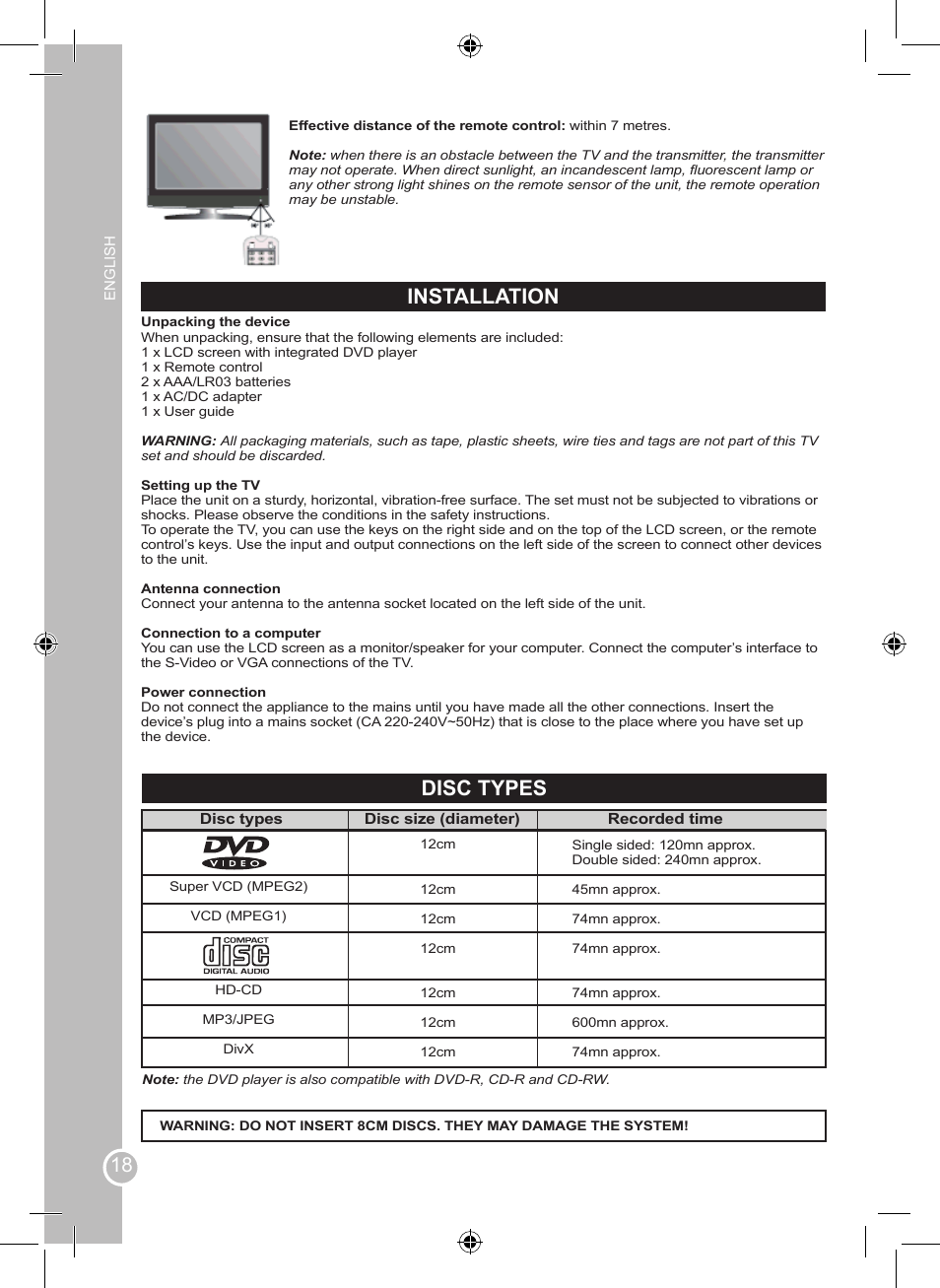 Installation, Disc types | Lexibook LCDDVD2SP User Manual | Page 18 / 88