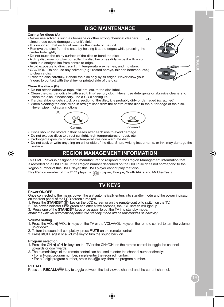 Disc maintenance, Region management information tv keys | Lexibook LCDDVD2SP User Manual | Page 19 / 88
