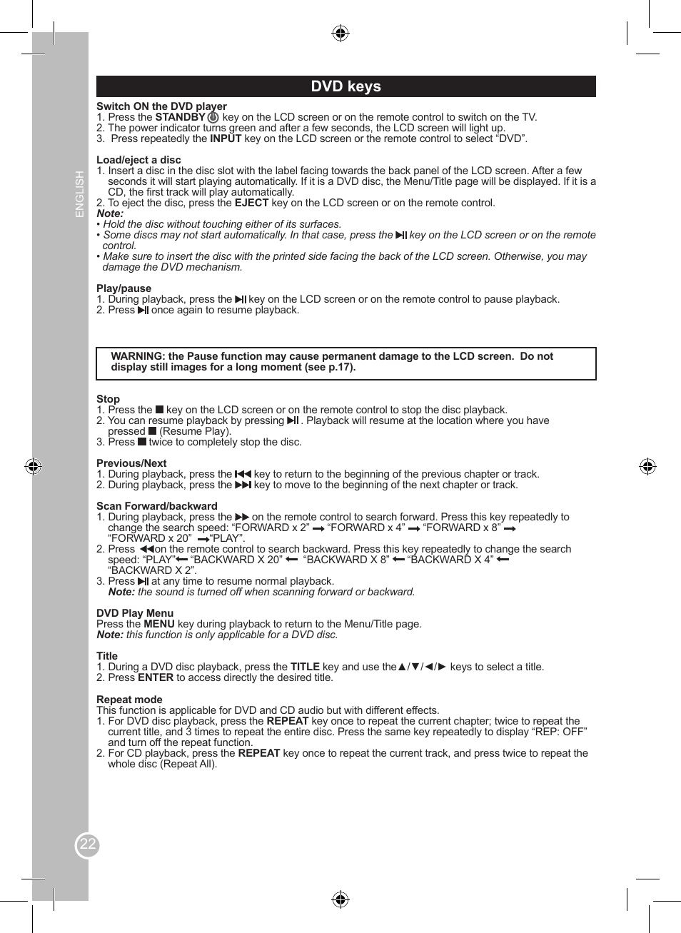 Dvd keys | Lexibook LCDDVD2SP User Manual | Page 22 / 88