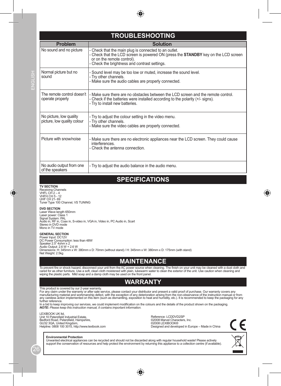Troubleshooting, Specifications, Maintenance | Warranty, Problem, Solution | Lexibook LCDDVD2SP User Manual | Page 26 / 88