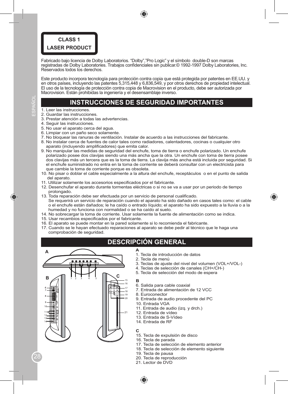 Instrucciones de seguridad importantes, Descripción general, Class 1 laser product | Lexibook LCDDVD2SP User Manual | Page 28 / 88