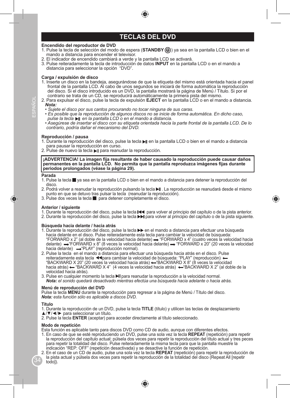 Teclas del dvd | Lexibook LCDDVD2SP User Manual | Page 34 / 88