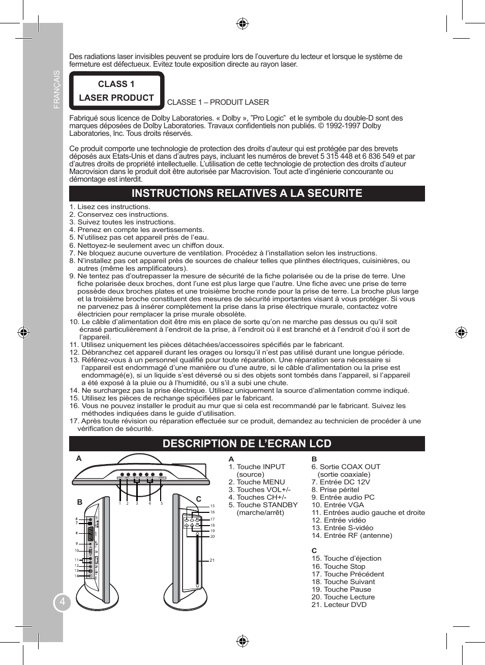 Instructions relatives a la securite, Description de l’ecran lcd, Class 1 laser product | Lexibook LCDDVD2SP User Manual | Page 4 / 88