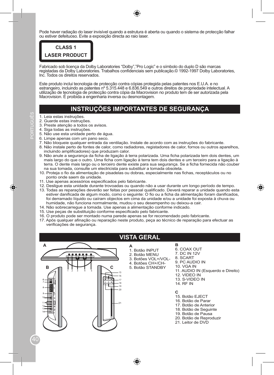 Instruções importantes de segurança, Vista geral, Class 1 laser product | Lexibook LCDDVD2SP User Manual | Page 40 / 88