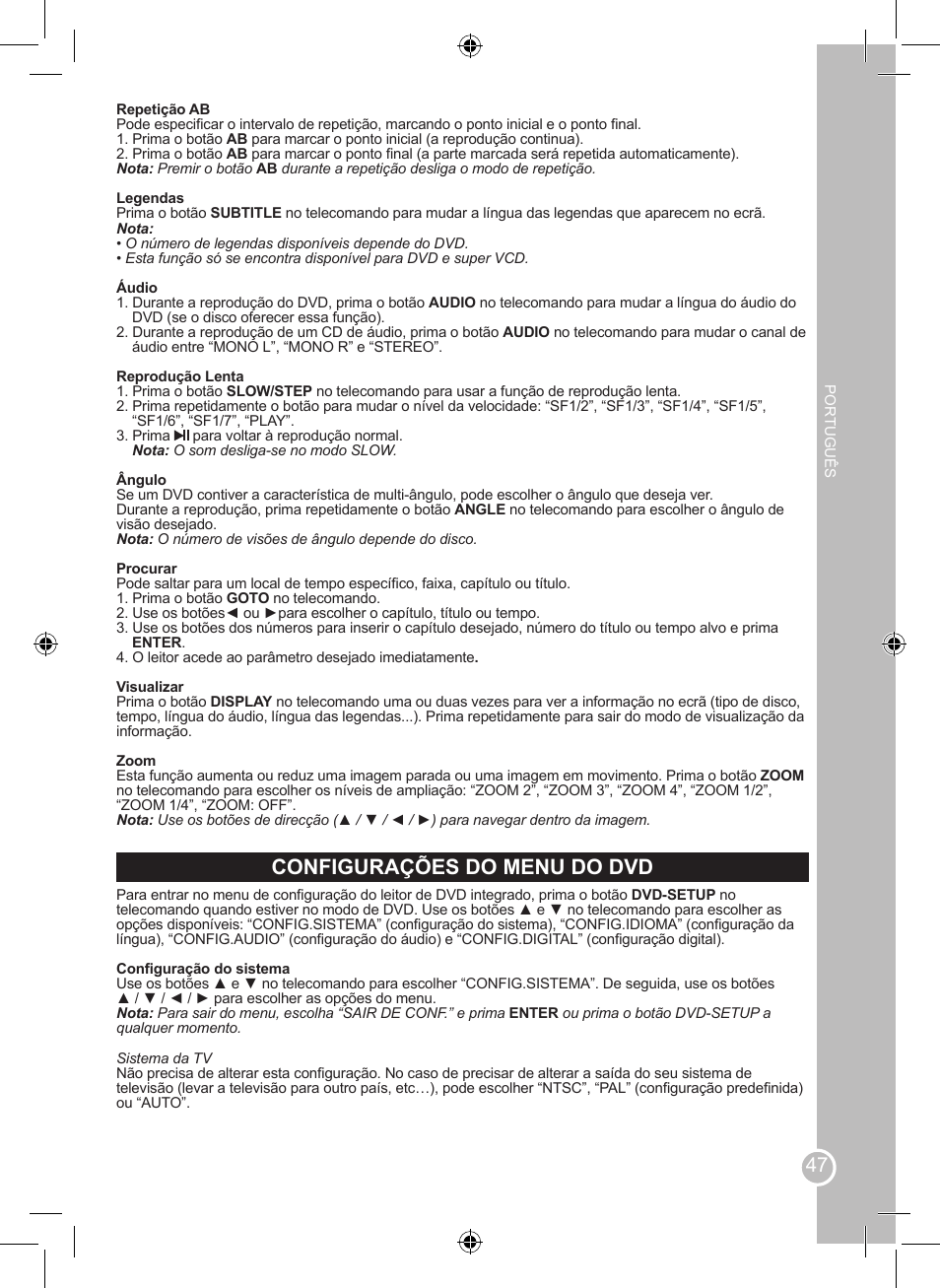 Configurações do menu do dvd | Lexibook LCDDVD2SP User Manual | Page 47 / 88