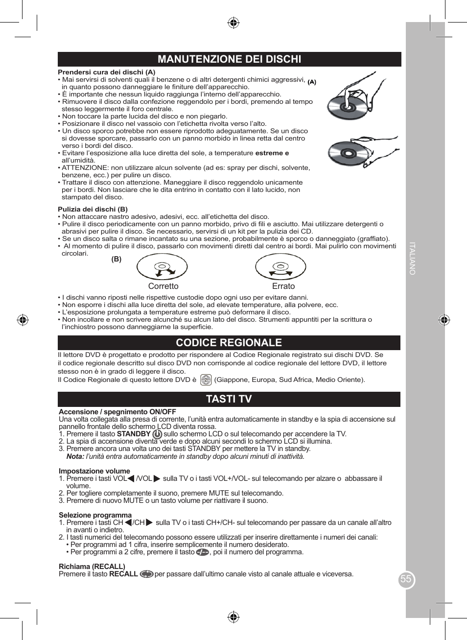 Manutenzione dei dischi, Codice regionale tasti tv | Lexibook LCDDVD2SP User Manual | Page 55 / 88