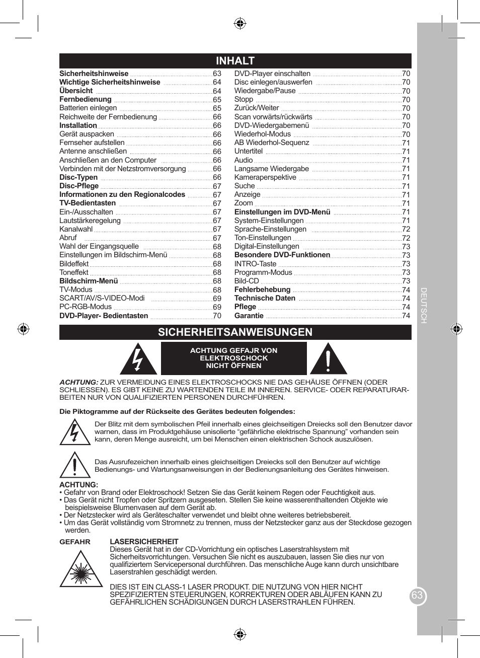 Inhalt sicherheitsanweisungen | Lexibook LCDDVD2SP User Manual | Page 63 / 88