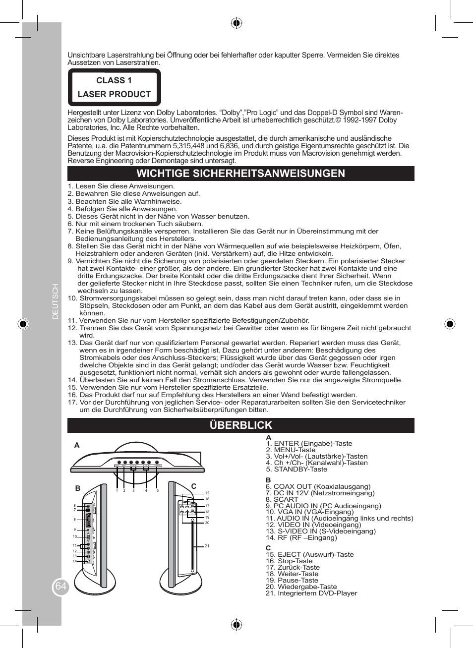 Wichtige sicherheitsanweisungen, Überblick, Class 1 laser product | Lexibook LCDDVD2SP User Manual | Page 64 / 88