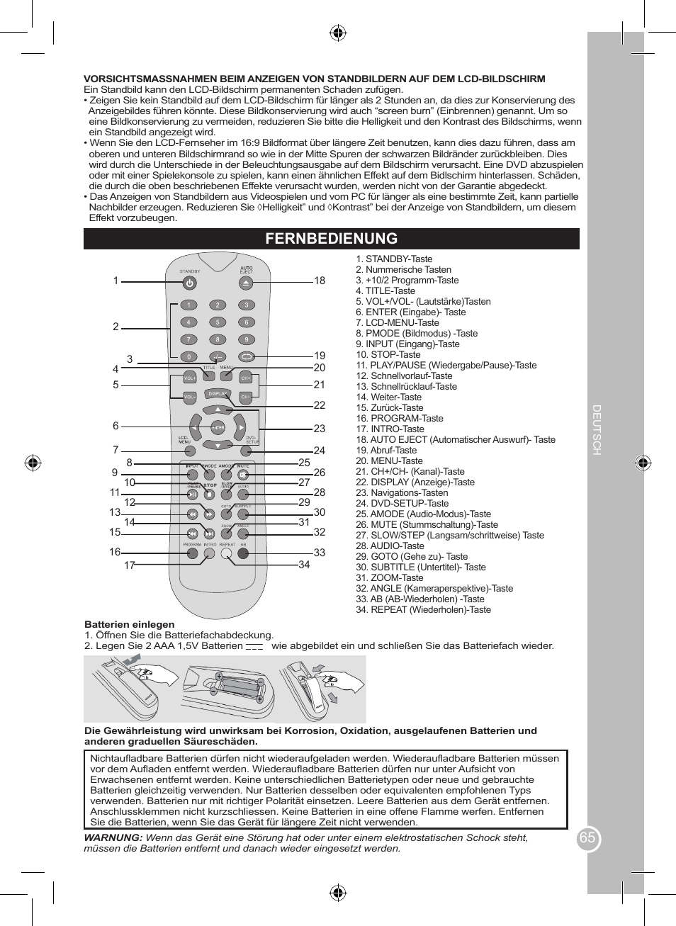 Fernbedienung | Lexibook LCDDVD2SP User Manual | Page 65 / 88