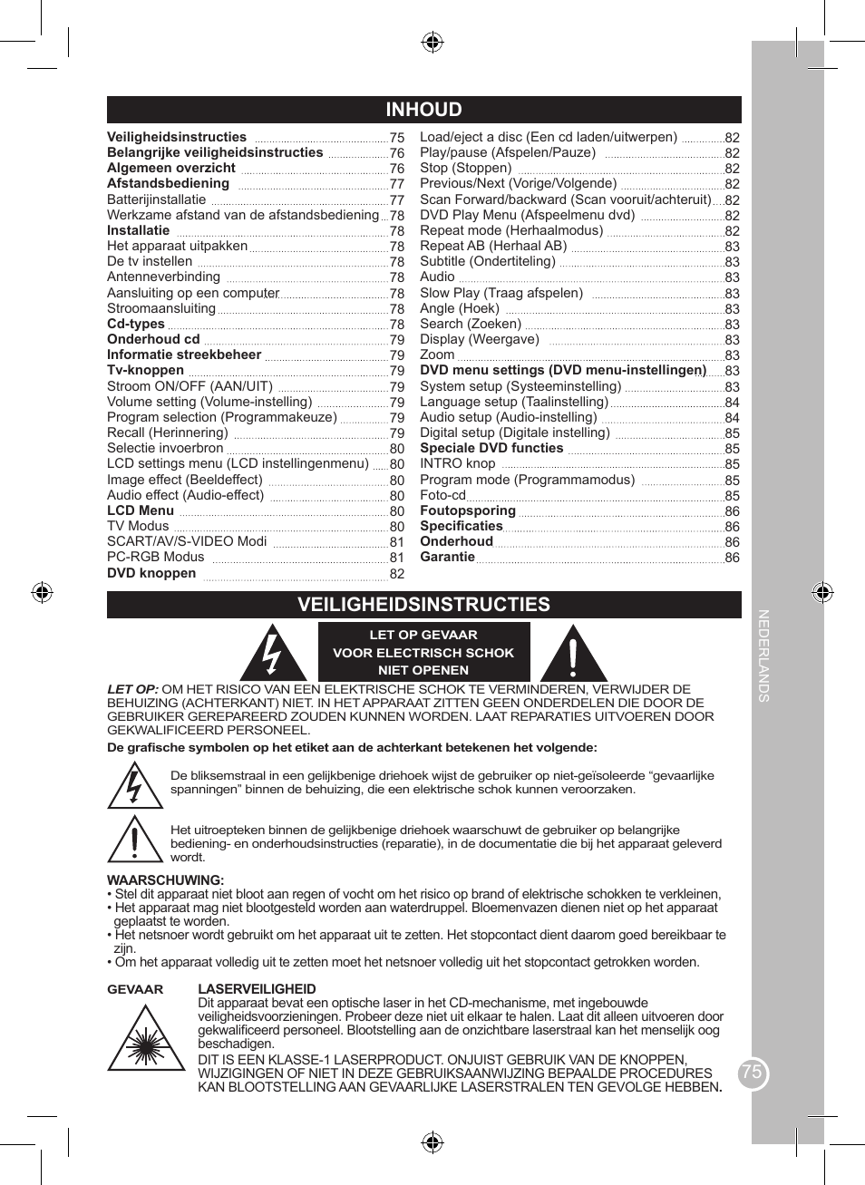 Inhoud, Veiligheidsinstructies | Lexibook LCDDVD2SP User Manual | Page 75 / 88