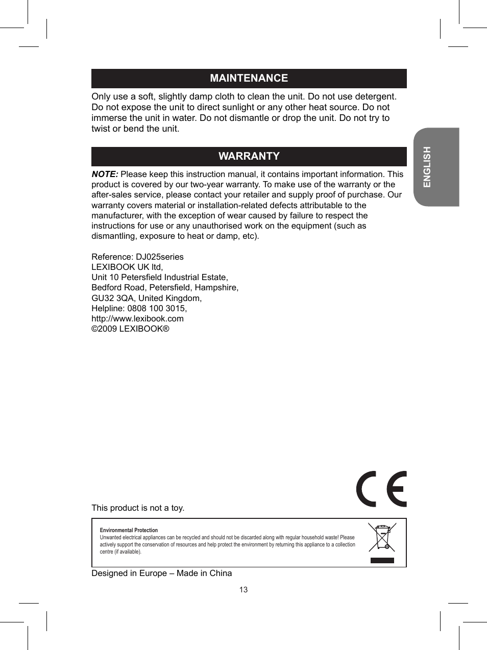 Warranty, Maintenance | Lexibook DJ025 Series User Manual | Page 13 / 42
