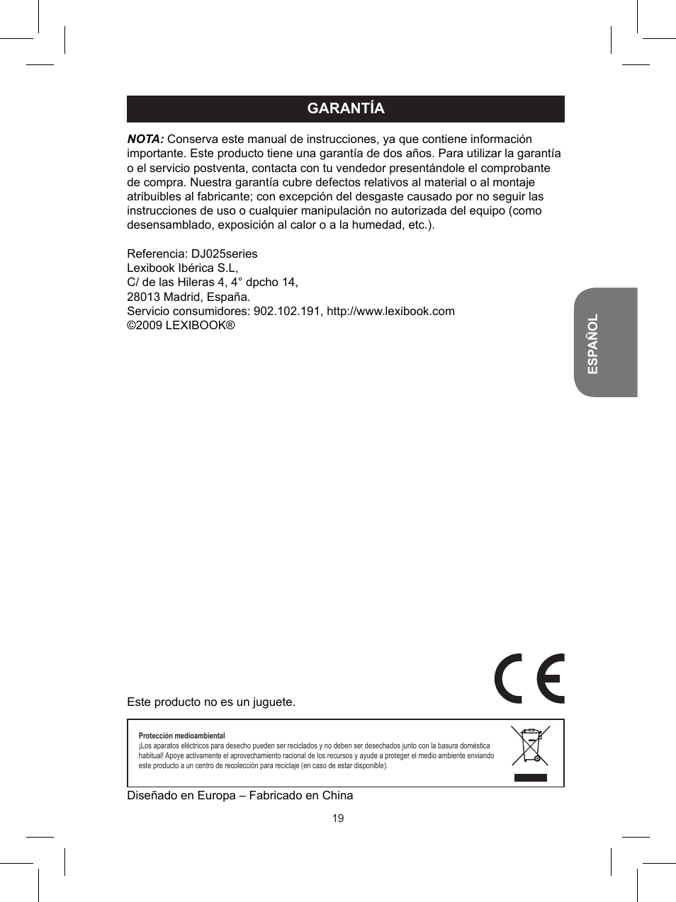 Garantía | Lexibook DJ025 Series User Manual | Page 19 / 42