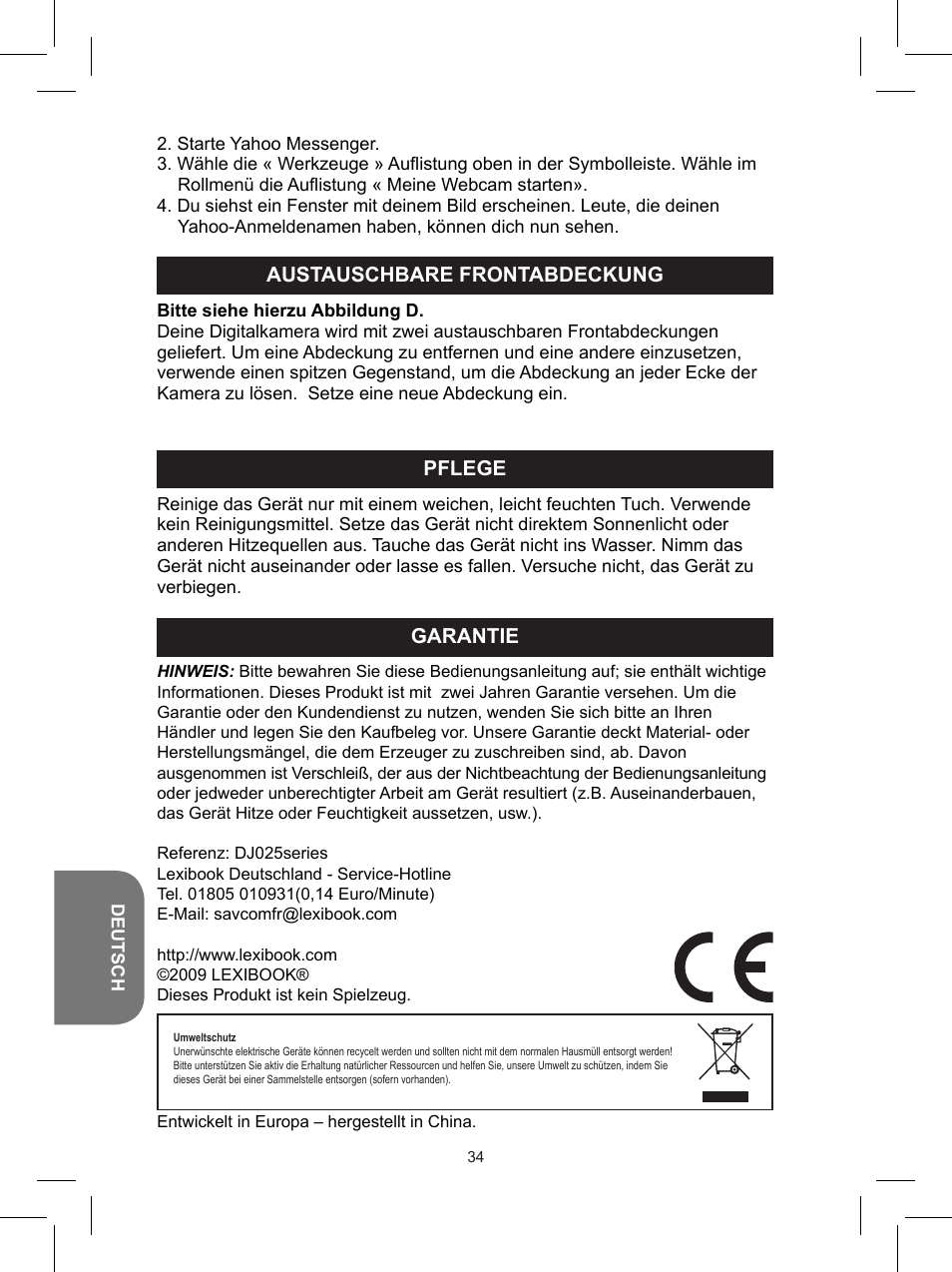 Garantie, Pflege, Austauschbare frontabdeckung | Lexibook DJ025 Series User Manual | Page 34 / 42