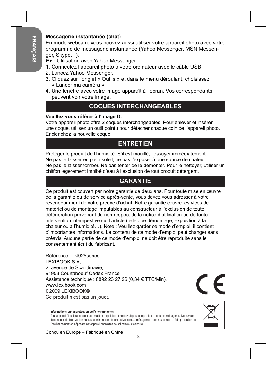 Coques interchangeables, Entretien, Garantie | Lexibook DJ025 Series User Manual | Page 8 / 42