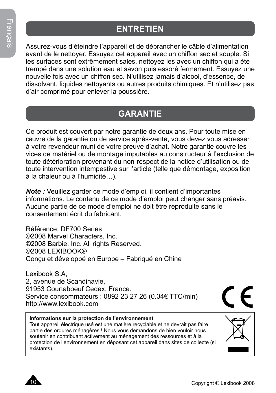Entretien, Garantie | Lexibook DF700BB / DF700SP / DF700HSM User Manual | Page 10 / 60