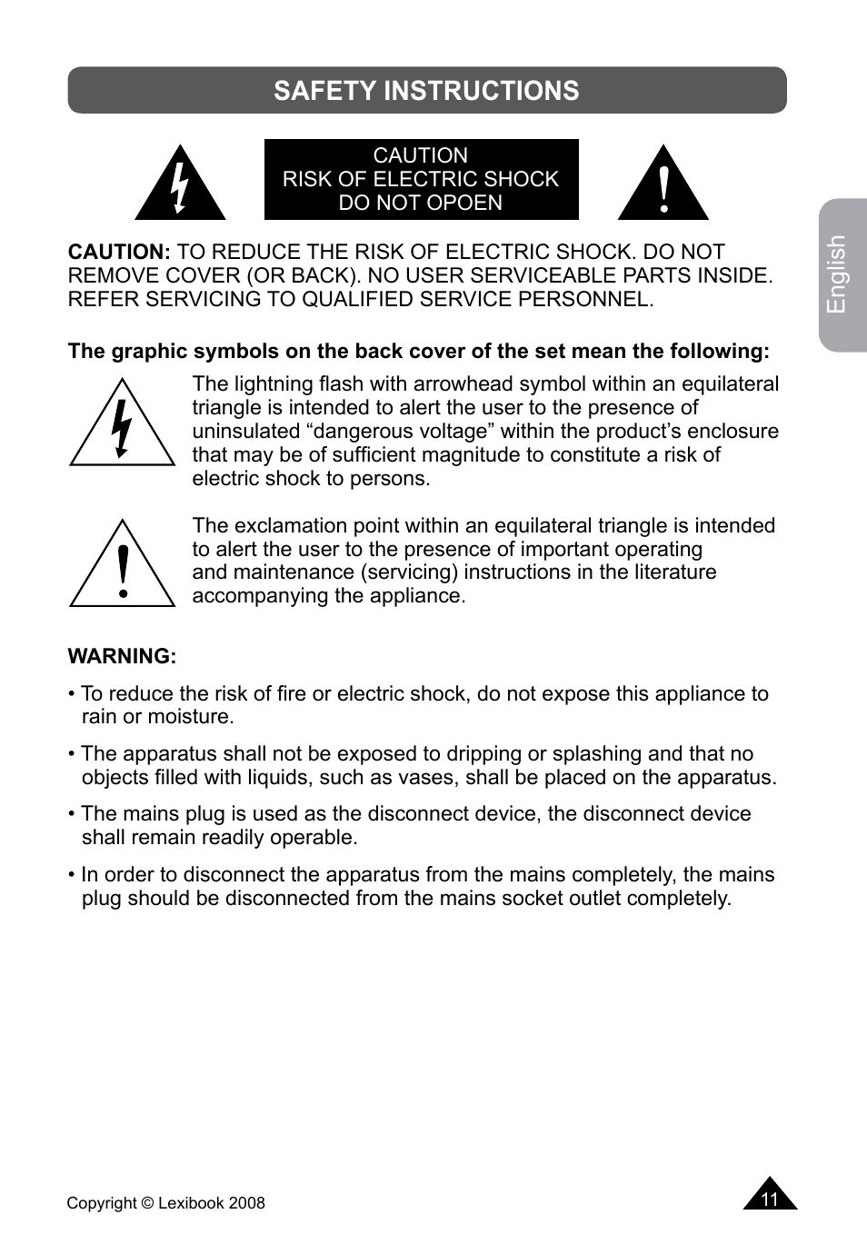Safety instructions | Lexibook DF700BB / DF700SP / DF700HSM User Manual | Page 11 / 60