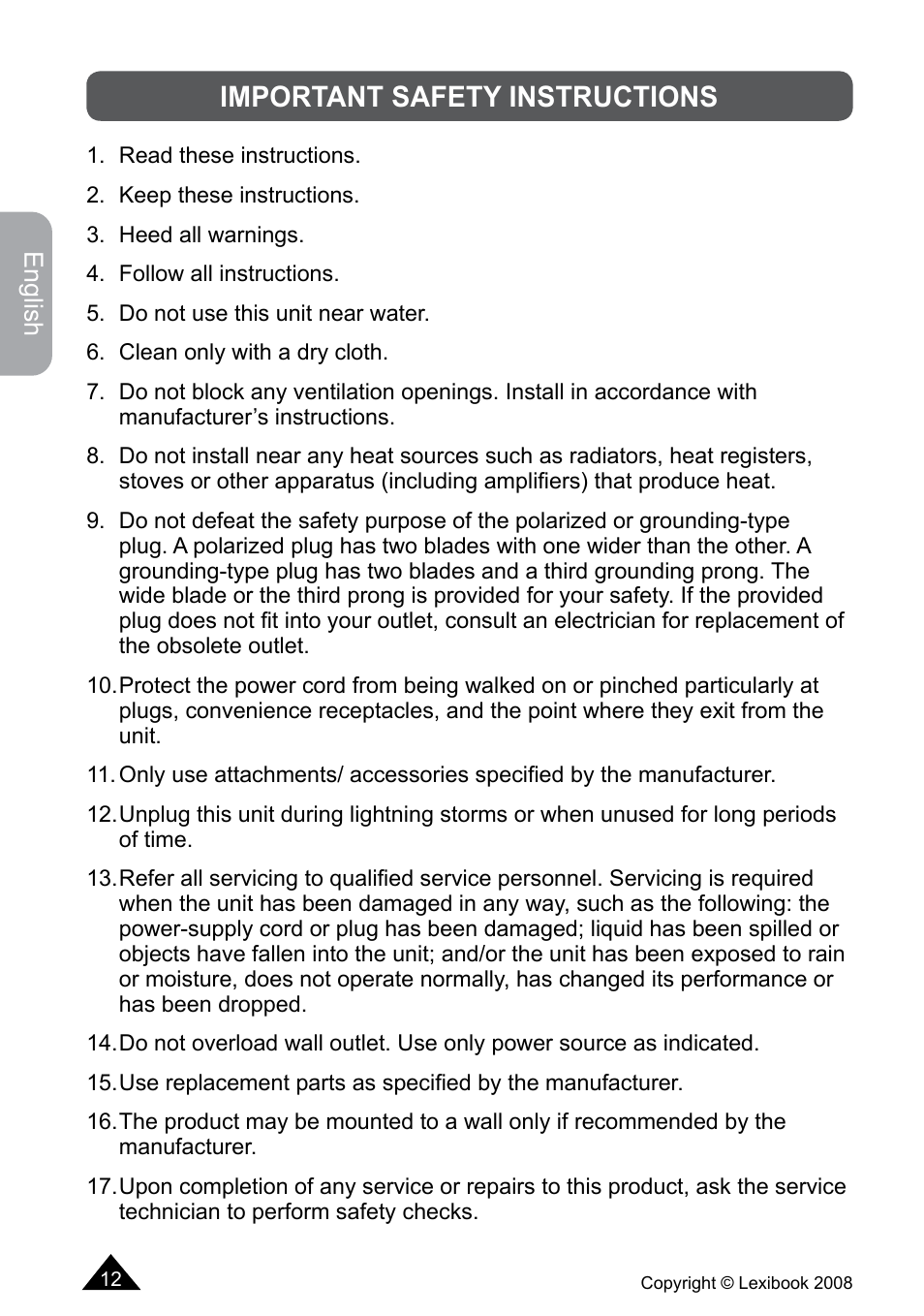 Important safety instructions | Lexibook DF700BB / DF700SP / DF700HSM User Manual | Page 12 / 60