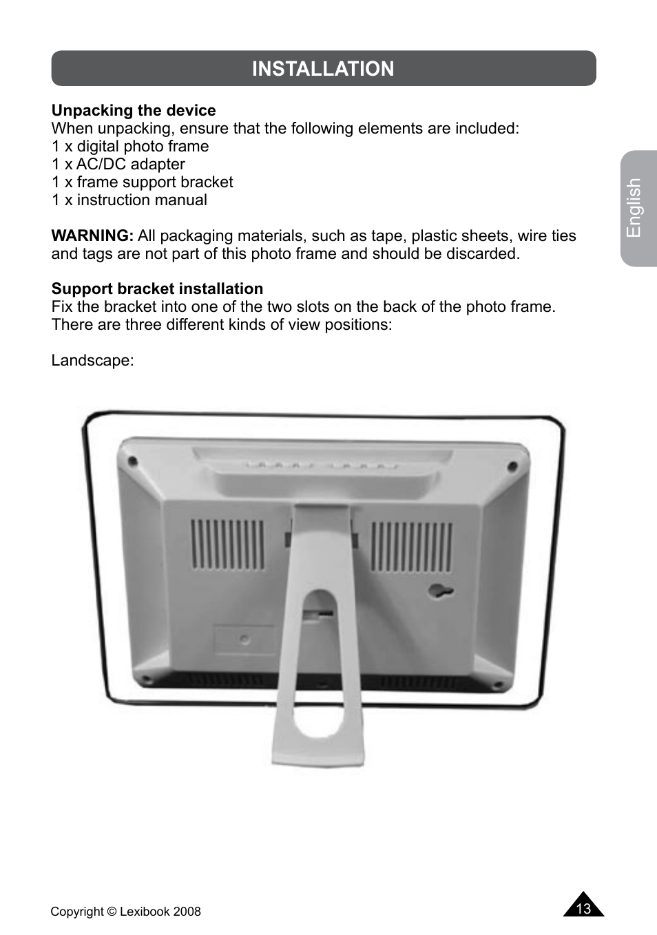 Installation | Lexibook DF700BB / DF700SP / DF700HSM User Manual | Page 13 / 60