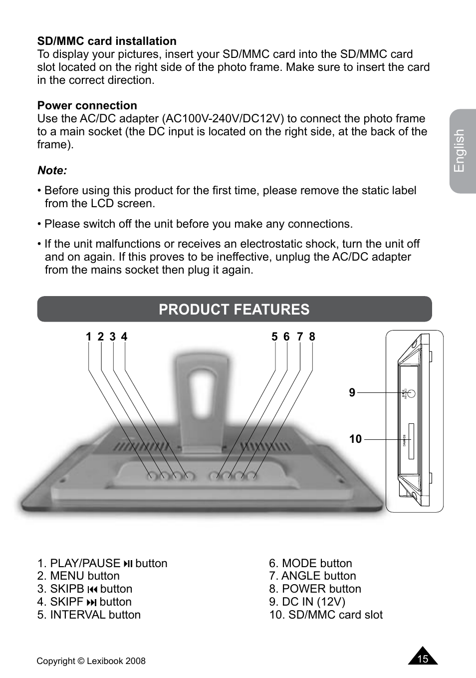 Product features | Lexibook DF700BB / DF700SP / DF700HSM User Manual | Page 15 / 60