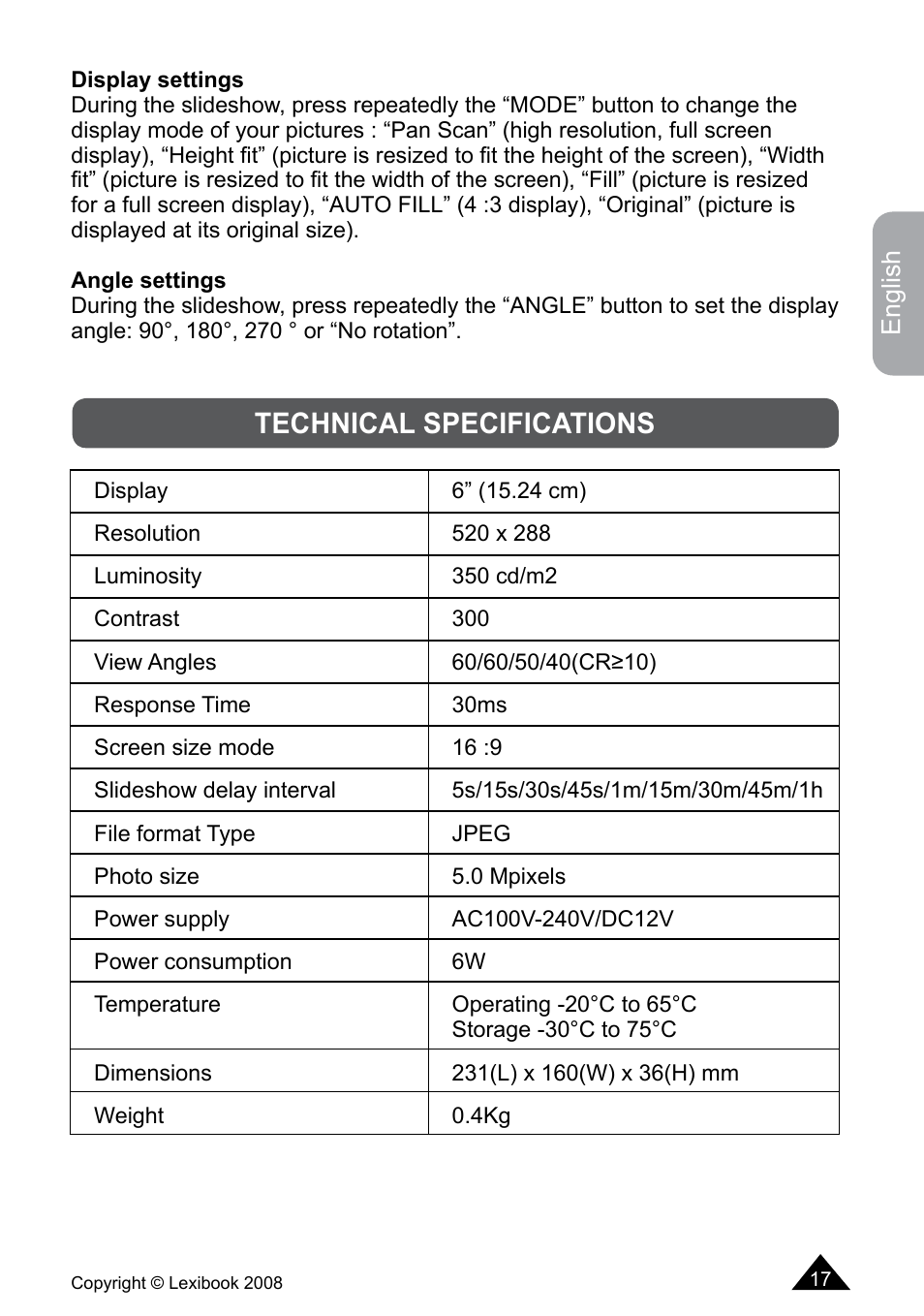 Technical specifications | Lexibook DF700BB / DF700SP / DF700HSM User Manual | Page 17 / 60