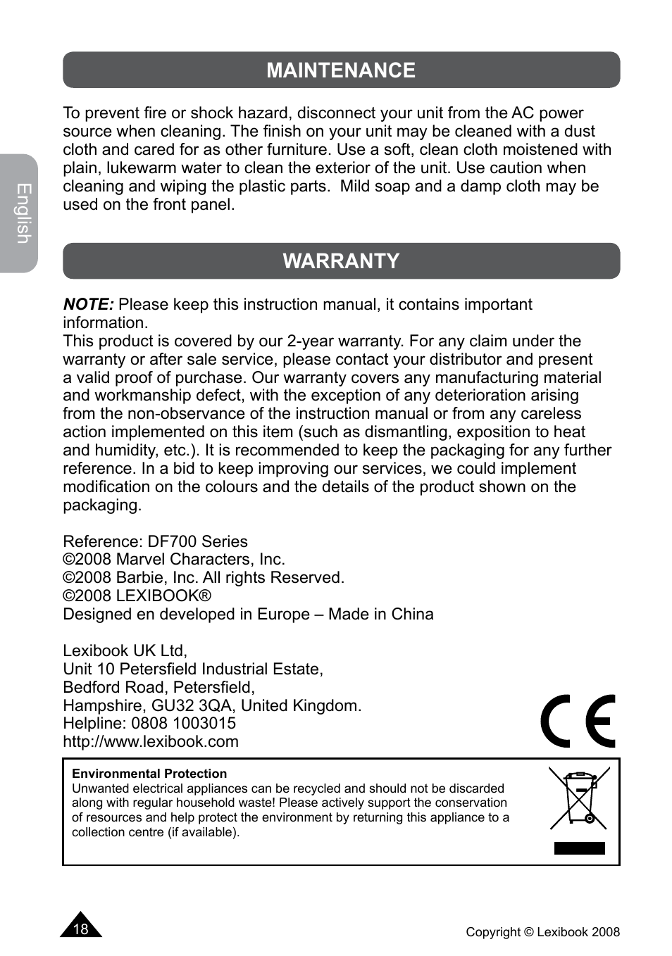 Maintenance, Warranty | Lexibook DF700BB / DF700SP / DF700HSM User Manual | Page 18 / 60