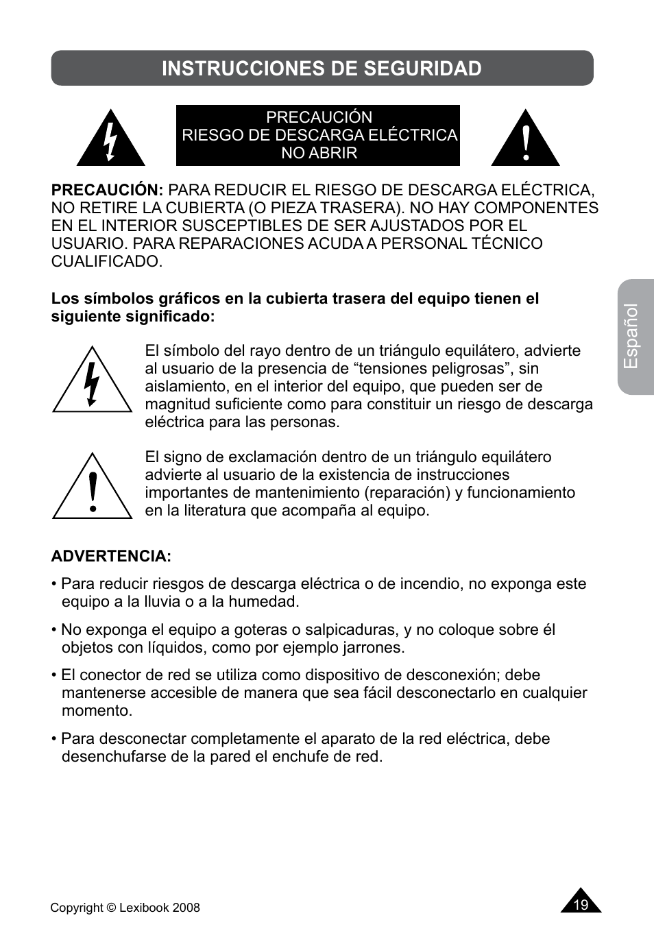 Instrucciones de seguridad | Lexibook DF700BB / DF700SP / DF700HSM User Manual | Page 19 / 60