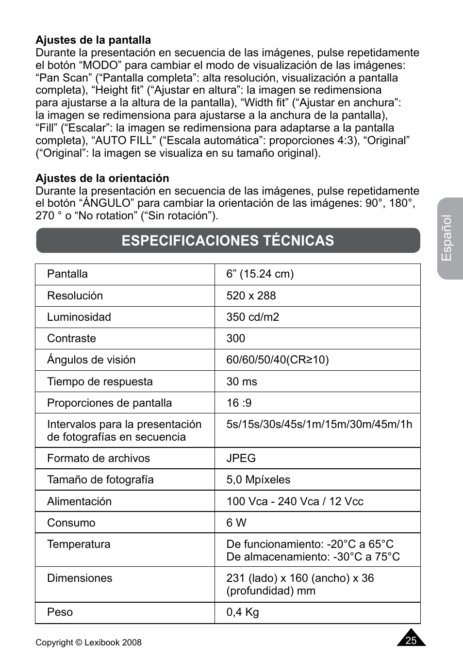 Especificaciones técnicas | Lexibook DF700BB / DF700SP / DF700HSM User Manual | Page 25 / 60