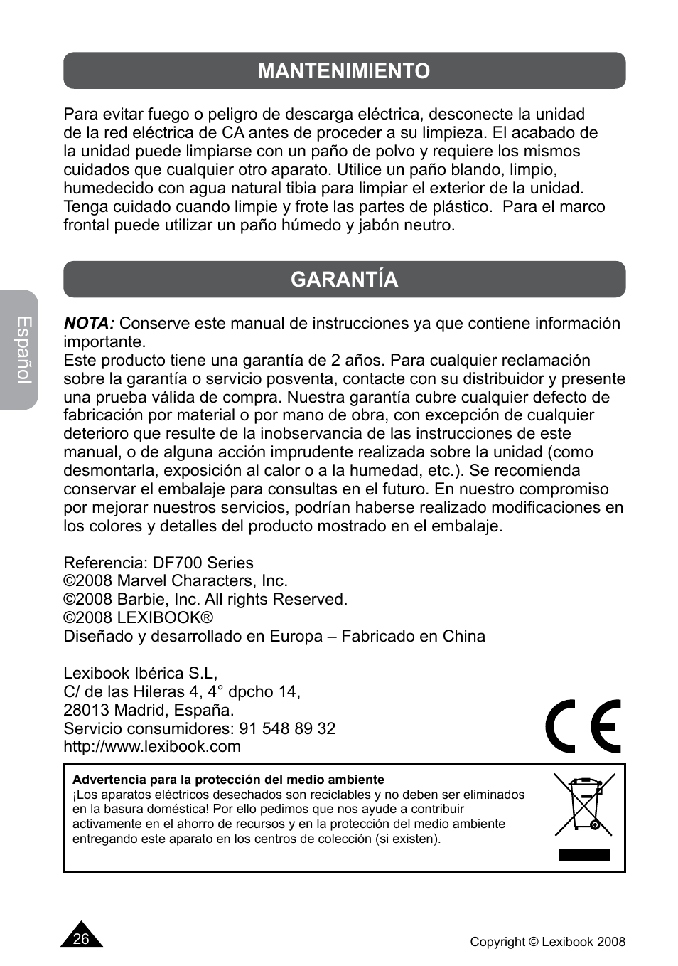 Mantenimiento, Garantía | Lexibook DF700BB / DF700SP / DF700HSM User Manual | Page 26 / 60