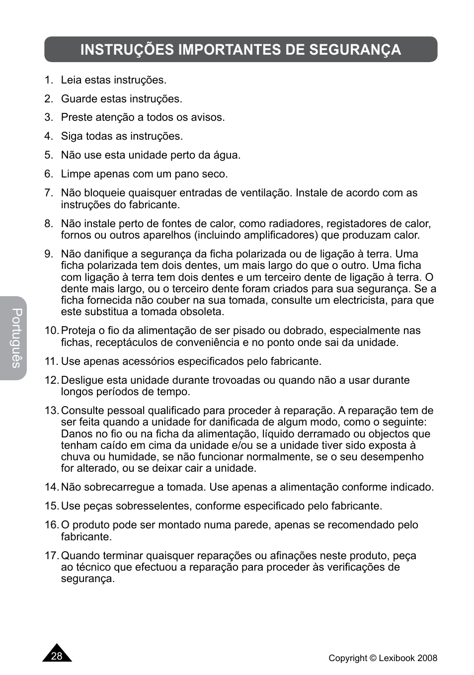 Instruções importantes de segurança, Português | Lexibook DF700BB / DF700SP / DF700HSM User Manual | Page 28 / 60