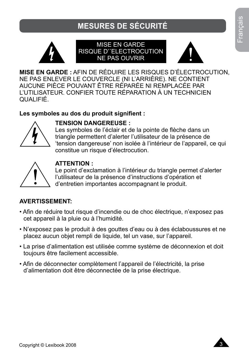 Mesures de sécurité | Lexibook DF700BB / DF700SP / DF700HSM User Manual | Page 3 / 60