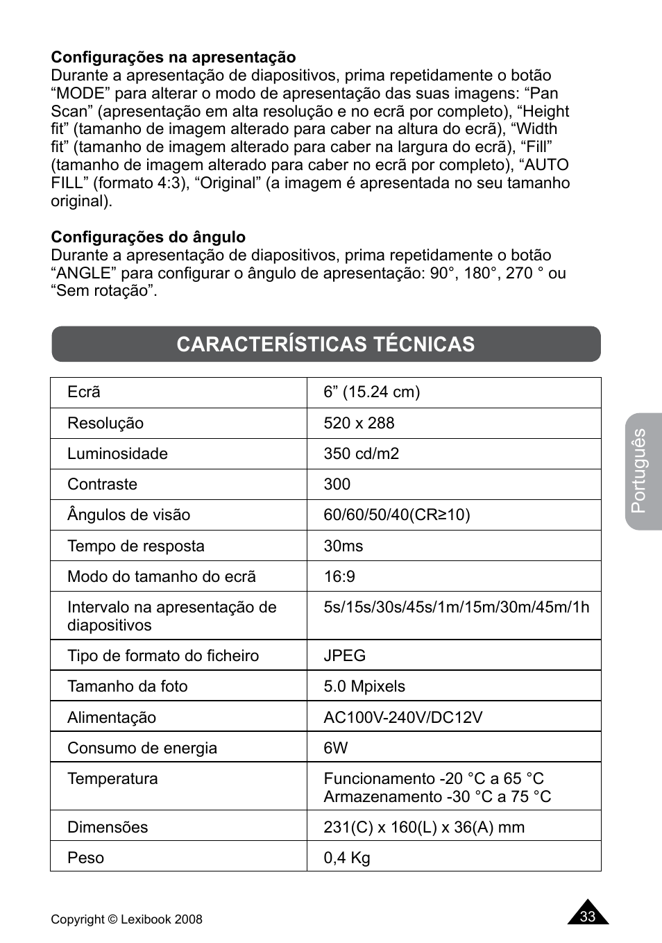 Características técnicas | Lexibook DF700BB / DF700SP / DF700HSM User Manual | Page 33 / 60