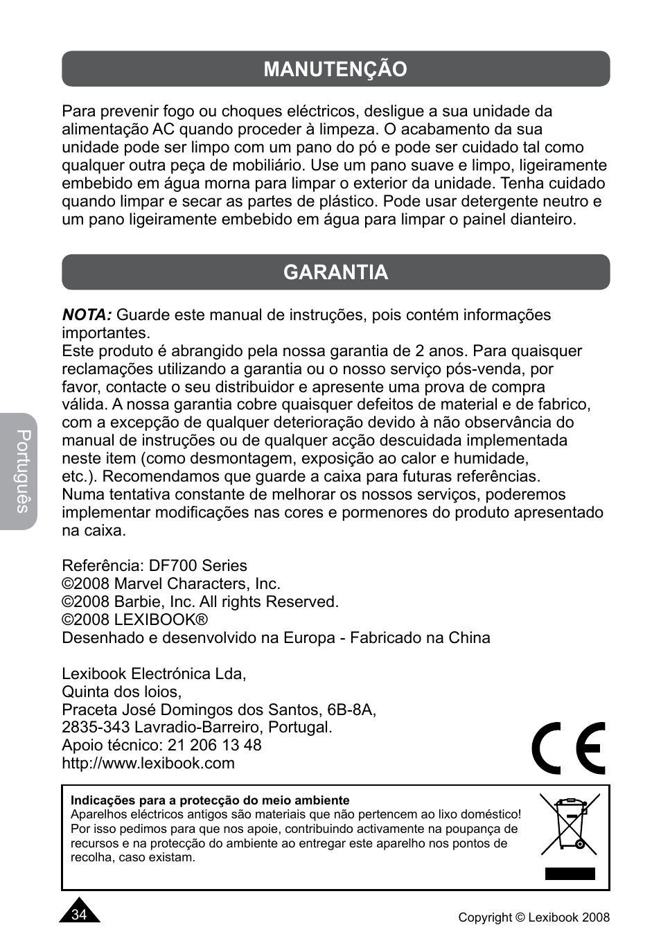 Manutenção, Garantia | Lexibook DF700BB / DF700SP / DF700HSM User Manual | Page 34 / 60