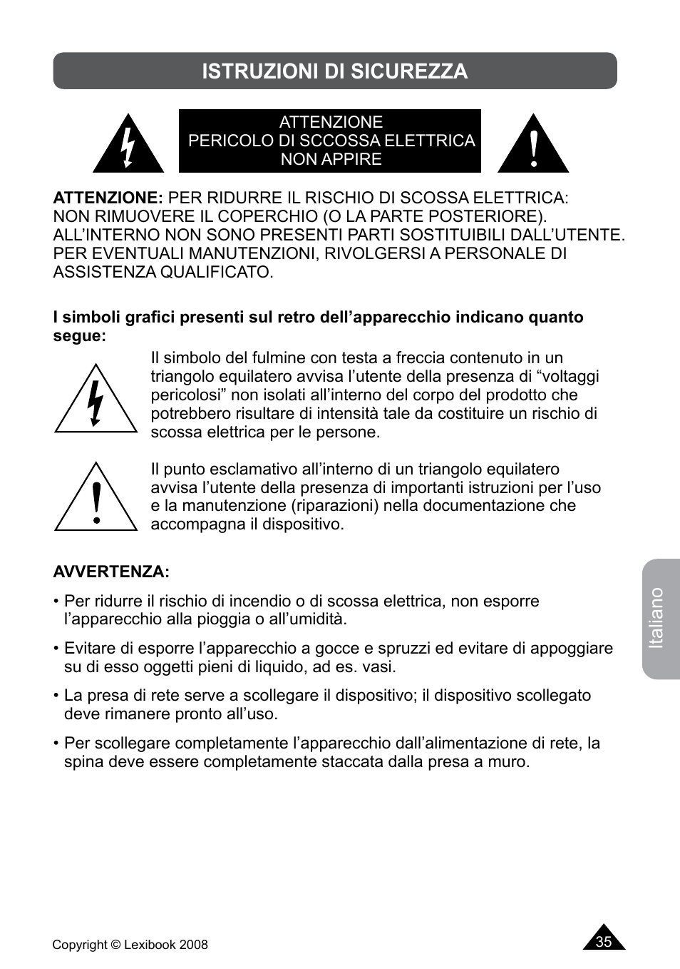 Istruzioni di sicurezza | Lexibook DF700BB / DF700SP / DF700HSM User Manual | Page 35 / 60