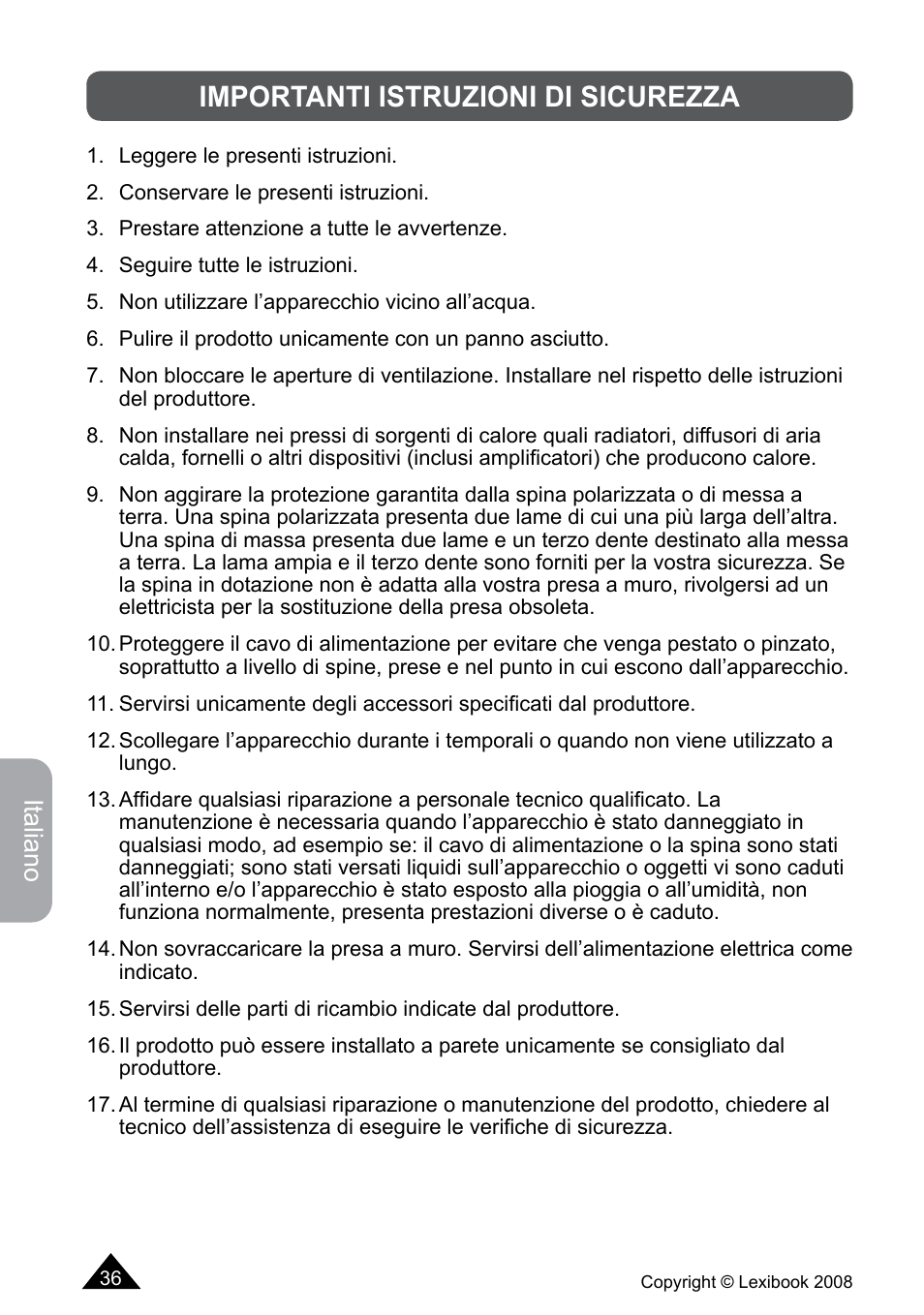 Importanti istruzioni di sicurezza, Italiano | Lexibook DF700BB / DF700SP / DF700HSM User Manual | Page 36 / 60